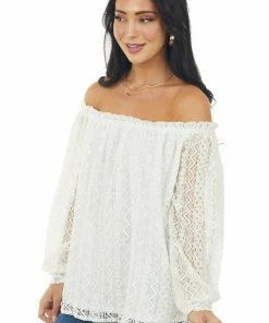 SugarFox Tops Ivory Off Shoulder Long Bubble Sleeve Lace Top