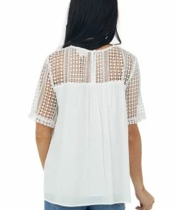 BiBi Ivory Open Lace Contrast Short Sleeve Blouse Tops