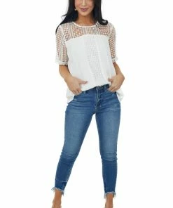BiBi Ivory Open Lace Contrast Short Sleeve Blouse Tops