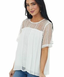 BiBi Ivory Open Lace Contrast Short Sleeve Blouse Tops