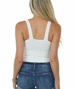 Miss Sparkling Ivory Padded V Neck Ribbed Cropped Tank Top