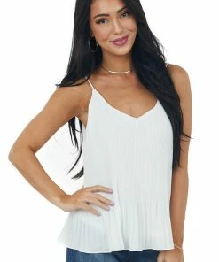 She + Sky Ivory Pleated Swing Cami Blouse With V Neck Tops