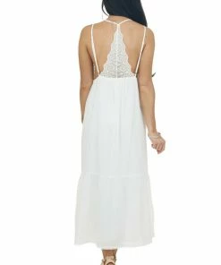 Lush Clothing Ivory Plunging Neck Lace Sleeveless Maxi Dress