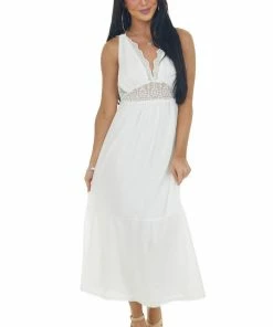 Lush Clothing Ivory Plunging Neck Lace Sleeveless Maxi Dress