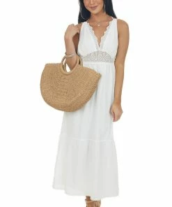 Lush Clothing Ivory Plunging Neck Lace Sleeveless Maxi Dress