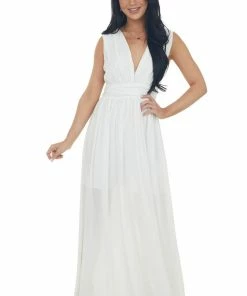 Main Strip Dresses Ivory Plunging V Neck Woven Maxi Dress