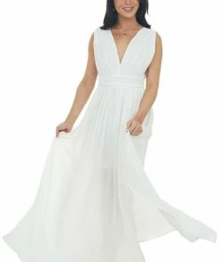 Main Strip Dresses Ivory Plunging V Neck Woven Maxi Dress