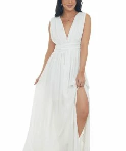 Main Strip Dresses Ivory Plunging V Neck Woven Maxi Dress