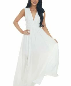 Main Strip Dresses Ivory Plunging V Neck Woven Maxi Dress