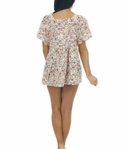 Umgee Ivory Printed Babydoll Square Neck Blouse