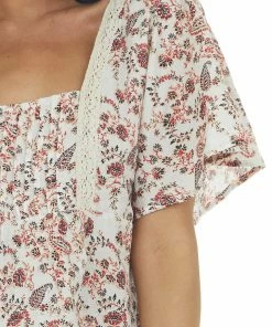 Umgee Ivory Printed Babydoll Square Neck Blouse
