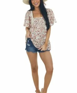 Umgee Ivory Printed Babydoll Square Neck Blouse