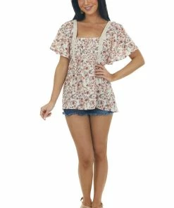 Umgee Ivory Printed Babydoll Square Neck Blouse