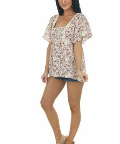 Umgee Ivory Printed Babydoll Square Neck Blouse
