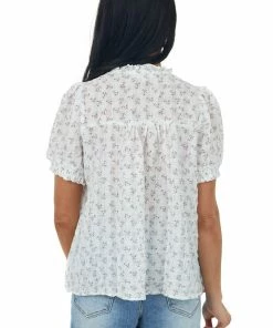Umgee Ivory Printed Button Up Short Sleeve Blouse