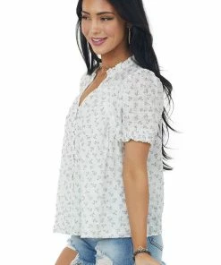 Umgee Ivory Printed Button Up Short Sleeve Blouse