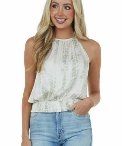 Allie Rose Ivory Printed Halter Neck Smocked Waist Top