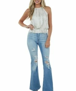 Allie Rose Ivory Printed Halter Neck Smocked Waist Top