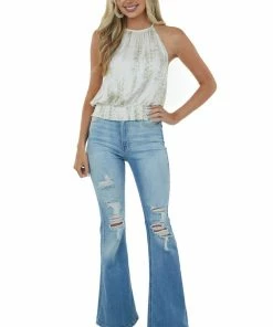 Allie Rose Ivory Printed Halter Neck Smocked Waist Top