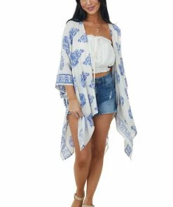 Haptics Ivory Printed Open Front Kimono With Side Slits