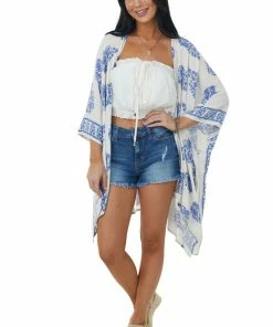 Haptics Ivory Printed Open Front Kimono With Side Slits
