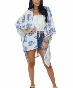 Haptics Ivory Printed Open Front Kimono With Side Slits