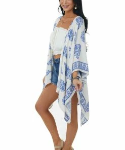 Haptics Ivory Printed Open Front Kimono With Side Slits