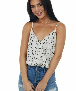 Lush Clothing Ivory Printed Sleeveless Bodysuit With V Neckline