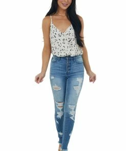 Lush Clothing Ivory Printed Sleeveless Bodysuit With V Neckline