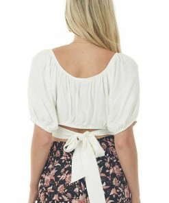 Ces Femme Ivory Puff Sleeve Surplice Tie Back Top Tops