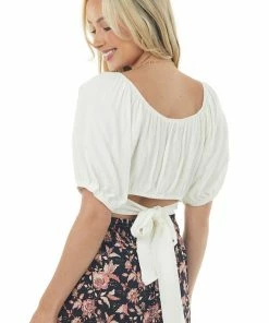 Ces Femme Ivory Puff Sleeve Surplice Tie Back Top Tops