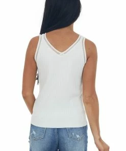 Hailey & Co Tops Ivory Ribbed V Neck Tank Top With Mesh Trim