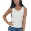Hailey & Co Tops Ivory Ribbed V Neck Tank Top With Mesh Trim
