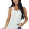 POL Clothing Ivory Ribbed Yoke Button Detail Knit Tank Top Tops