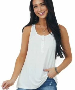 POL Clothing Ivory Ribbed Yoke Button Detail Knit Tank Top Tops