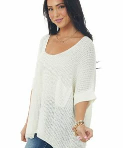 Ces Femme Ivory Rolled Cuff Loose Knit Top With Pocket