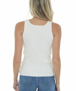 Hailey & Co Ivory Ruched V Neck Ribbed Knit Tank Top Tops