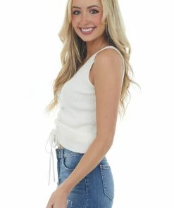 Hailey & Co Ivory Ruched V Neck Ribbed Knit Tank Top Tops