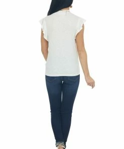 Charlotte Avery Ivory Short Ruffle Sleeve Ribbed Knit Top Tops