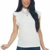 Charlotte Avery Ivory Short Ruffle Sleeve Ribbed Knit Top Tops