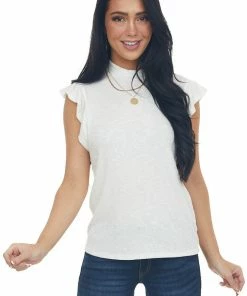 Charlotte Avery Ivory Short Ruffle Sleeve Ribbed Knit Top Tops
