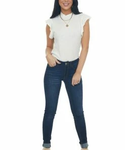 Charlotte Avery Ivory Short Ruffle Sleeve Ribbed Knit Top Tops