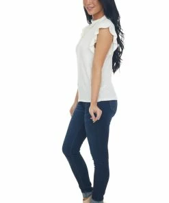 Charlotte Avery Ivory Short Ruffle Sleeve Ribbed Knit Top Tops