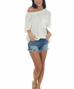 Very J Ivory Short Sleeve Sweater Knit Chest Pocket Top Tops