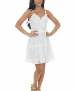 She + Sky Dresses Ivory Sleeveless Waist Tie Ruffled Cami Dress