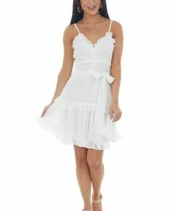 She + Sky Dresses Ivory Sleeveless Waist Tie Ruffled Cami Dress