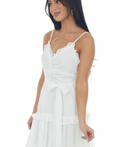 She + Sky Dresses Ivory Sleeveless Waist Tie Ruffled Cami Dress