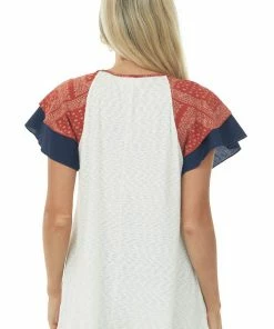 SugarFox Tops Ivory Slub Knit Top With Paisley Print Sleeves