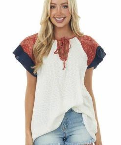 SugarFox Tops Ivory Slub Knit Top With Paisley Print Sleeves