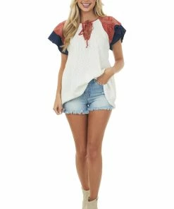 SugarFox Tops Ivory Slub Knit Top With Paisley Print Sleeves